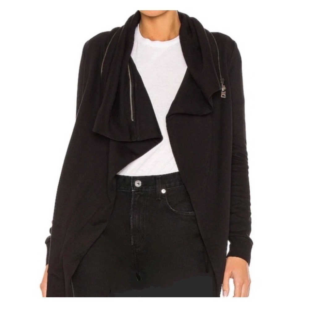 AllSaints Dahlia Cardigan Medium Black Draped Open Front Zipper Trim Edgy Goth
